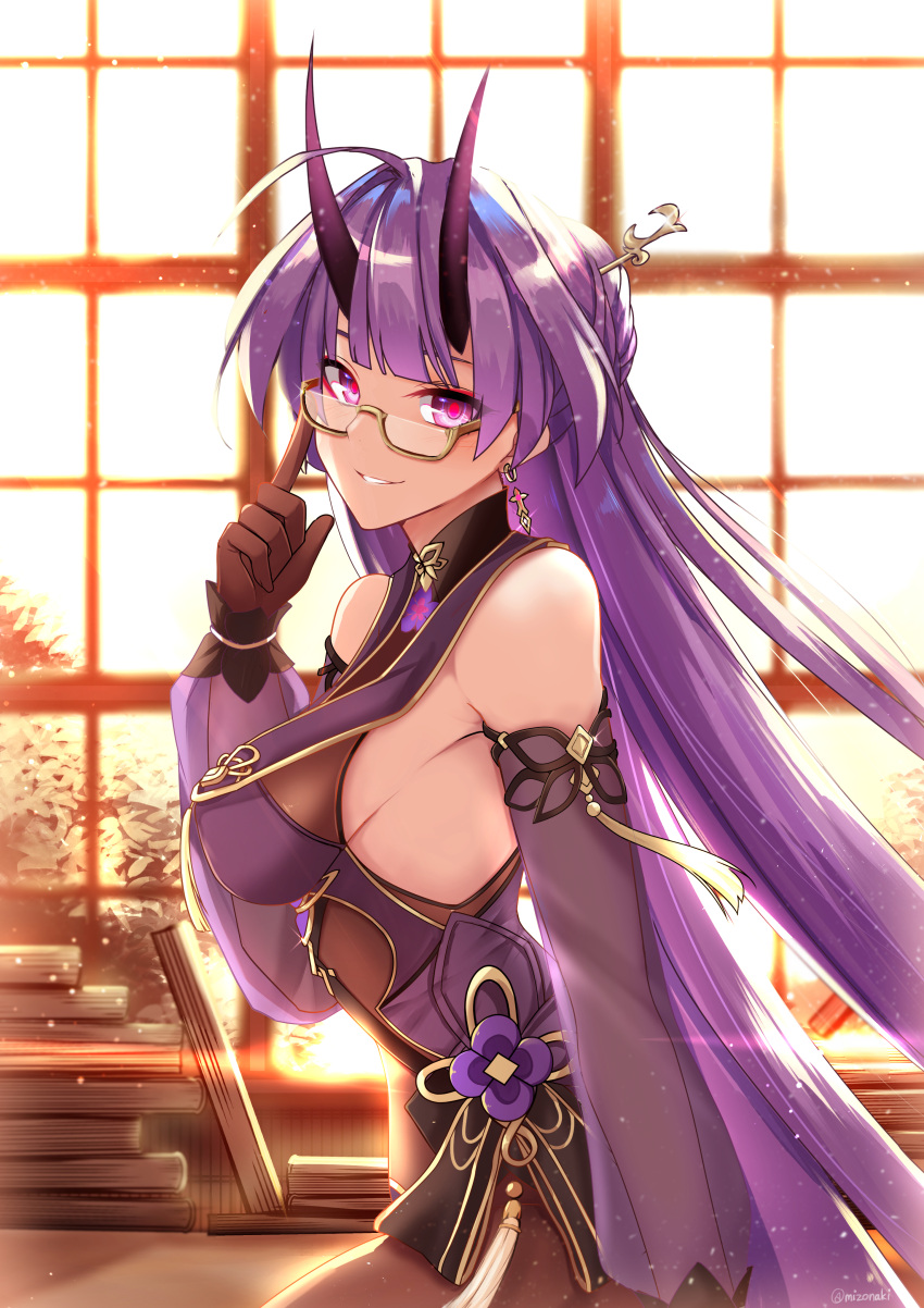 1girl, absurdres, bangs, bare_shoulders, book, breasts, chinese_clothes, earrings, elbow_gloves, glasses, gloves, grin, hair_between_eyes, hair_ornament, highres, honkai_(series), honkai_impact_3rd, horns, index_finger_raised, indoors, jewelry, long_hair, looking_at_viewer, mizonaki, ponytail, purple_gloves, purple_hair, raiden_mei, raiden_mei_(herrscher_of_thunder), sideboob, smile, solo, tabard, teeth, violet_eyes