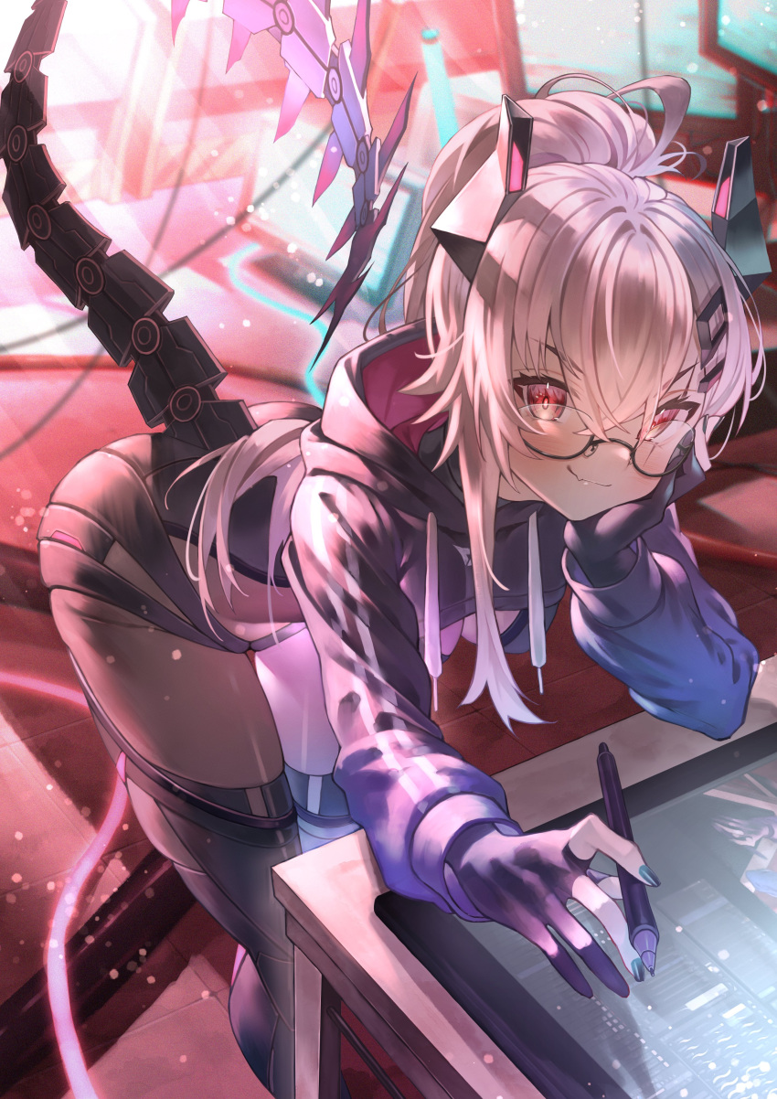 1girl, absurdres, black_gloves, black_hoodie, blue_nails, blush, boots, drawing_tablet