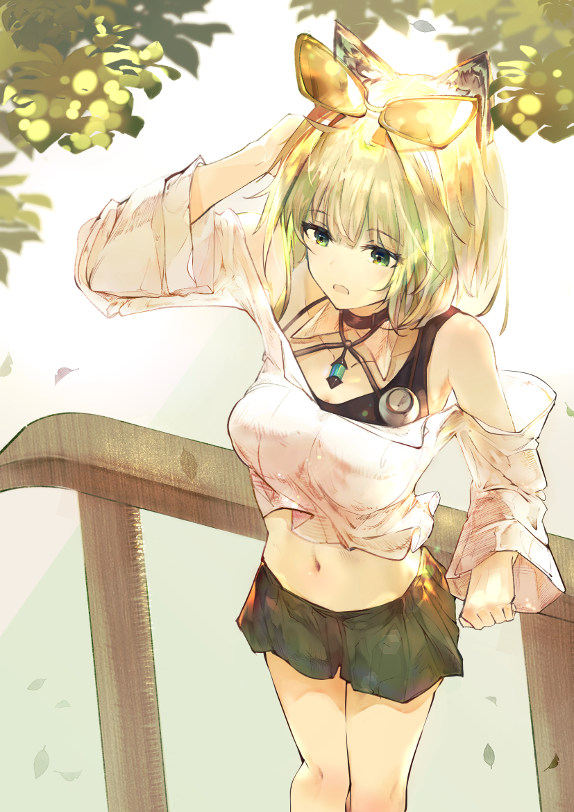1girl, animal_ears, arknights, bangs, bare_legs, black_bra, black_skirt, bra, bra_strap, breasts, casual, cat_ears, chinese_commentary, collarbone, commentary_request, day, eyebrows_visible_through_hair, eyewear_on_head, falling_leaves, feet_out_of_frame, green_eyes, green_hair, hands_up, jewelry, kal'tsit_(arknights), leaf, long_sleeves, looking_away, medium_breasts, midriff, miniskirt, navel, necklace, noriya, off_shoulder, open_mouth, outdoors, shirt, skirt, solo, stethoscope, sunglasses, underwear, white_shirt