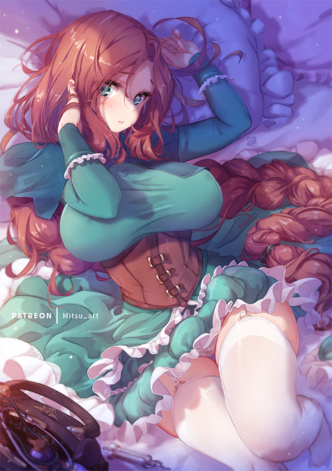 1girl, adjusting_hair, arm_up, bangs, braid, braided_ponytail, breasts, corset