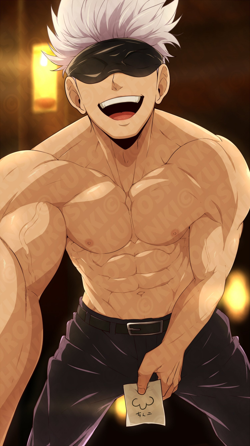 1boy, abs, absurdres, belt, black_pants, blindfold, covered_eyes, gojou_satoru