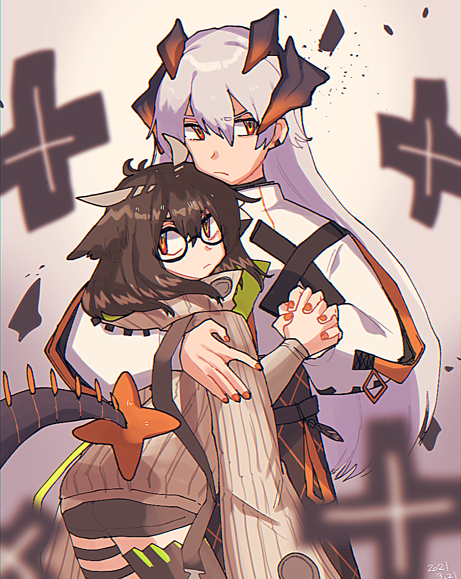 2girls, arknights, bangs, black_legwear, black_shorts, black_skirt, blurry, blurry_background
