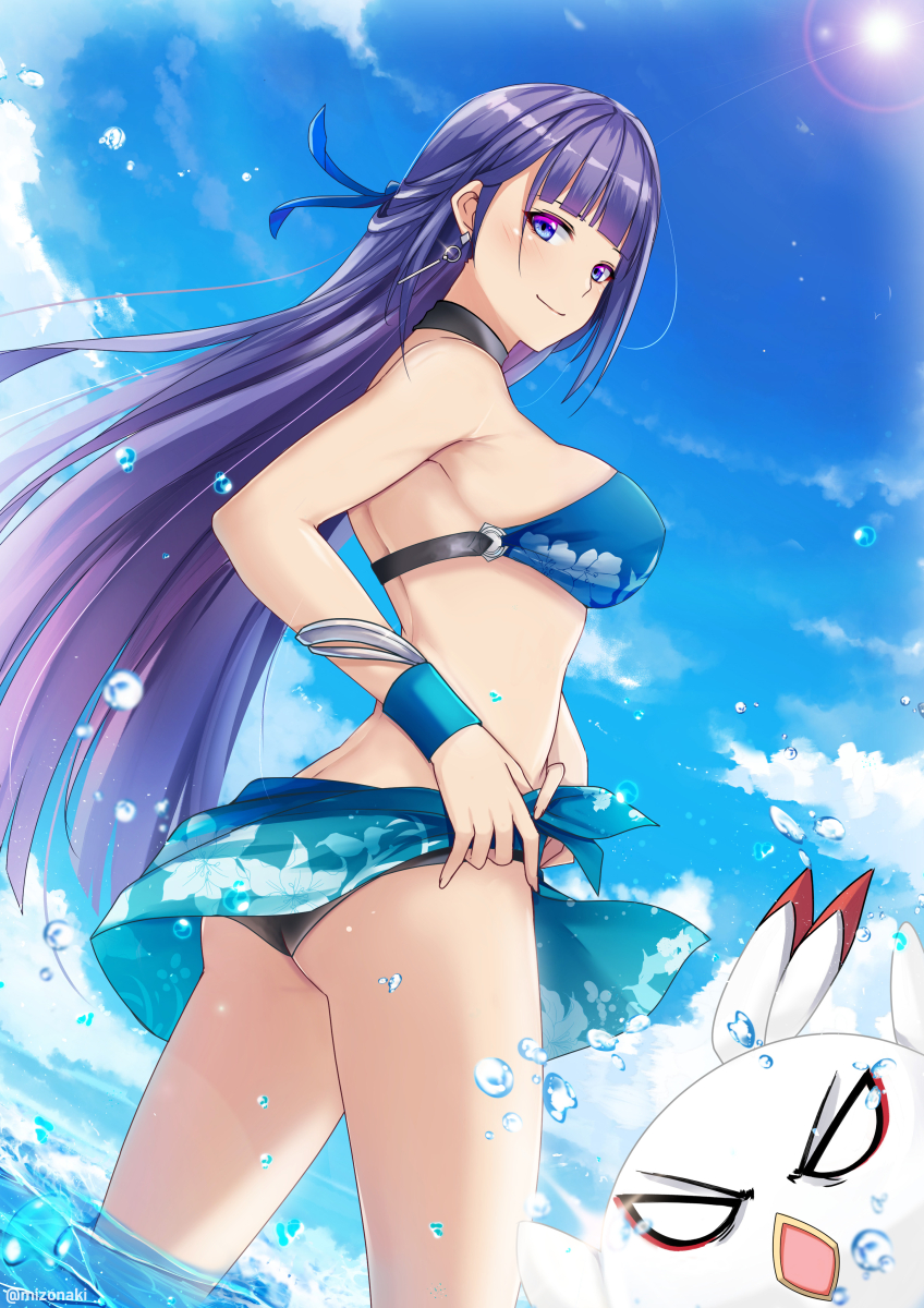 1girl, anger_vein, back, bangs, beach, bikini, bird, blue_bikini