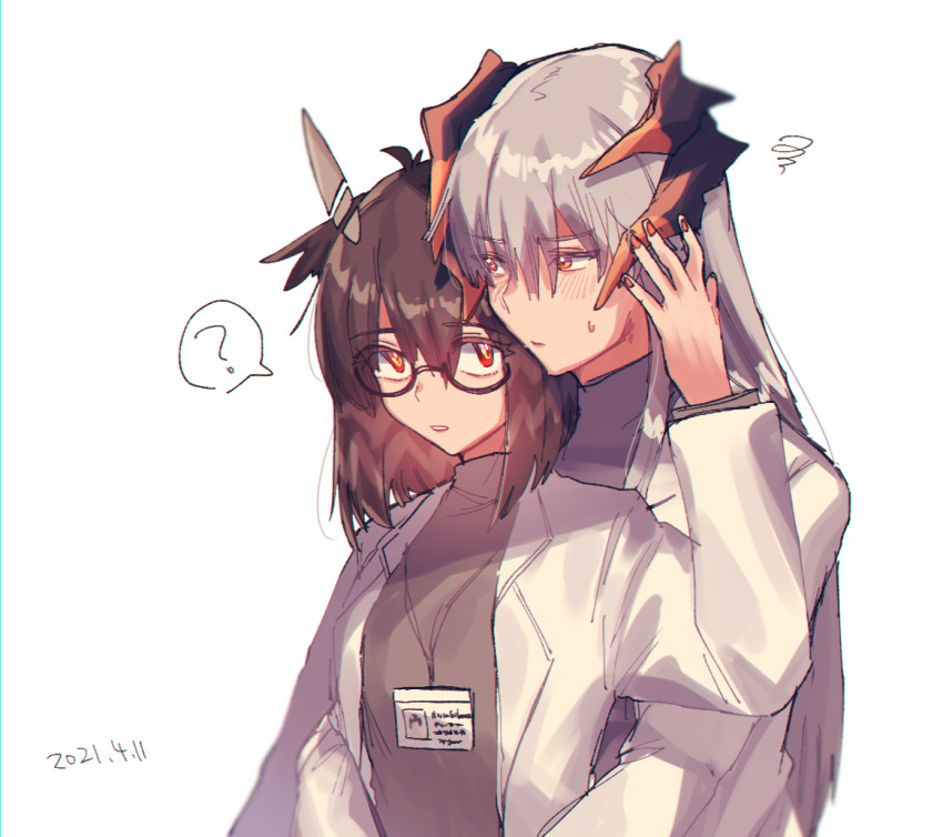 2girls, ?, arknights, bangs, blush, brown_hair, brown_shirt, closed_mouth, commentary_request, dated, eyebrows_visible_through_hair, eyes_visible_through_hair, feather_hair, glasses, hand_on_another's_head, hug, hug_from_behind, id_card, kawaii_inu5, labcoat, lanyard, long_hair, medium_hair, multiple_girls, nail_polish, orange_eyes, orange_nails, parted_lips, saria_(arknights), shirt, silence_(arknights), silver_hair, simple_background, spoken_question_mark, sweatdrop, white_background, yuri