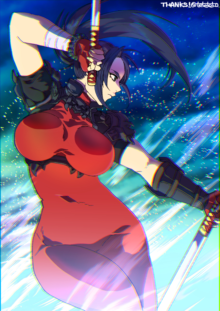 1girl, arm_guards, armor, black_hair, bodysuit, bracelet, breasts, curvy, dual_wielding, fingerless_gloves, from_side, gloves, holding, impossible_bodysuit, impossible_clothes, jewelry, large_breasts, long_hair, ninja, pearl_bracelet, ponytail, red_bodysuit, red_gloves, reverse_grip, short_sword, shoulder_armor, skin_tight, solo, soulcalibur, sword, taki_(soulcalibur), tantou, teko_(tawake), weapon, wind, wind_lift