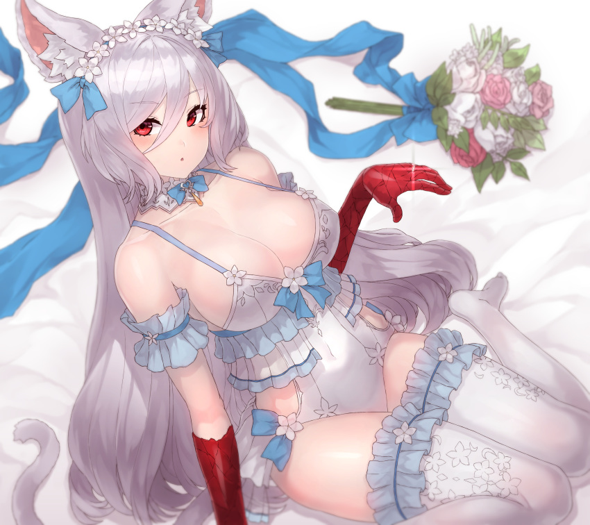 :o, animal_ear_fluff, blush, bouquet, breasts, cleavage, collarbone, commentary_request, elbow_gloves, eyebrows_visible_through_hair, flower, frills, hair_between_eyes, huge_breasts, king's_raid, kirze, looking_at_viewer, open_mouth, red_eyes, red_gloves, thigh-highs, very_long_hair, white_hair, white_legwear, yu_mochi_(kamiinu)