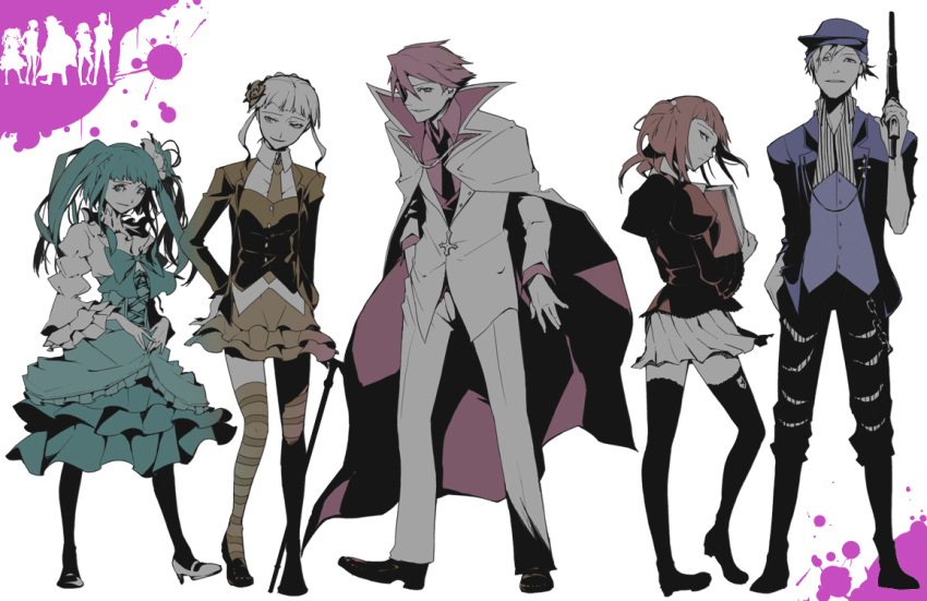 35_(pixiv), amakusa_juuza, beatrice, book, bow, cape, dress, flower, formal, furudo_erika, gun, hair_ornament, jacket, necktie, pantyhose, redhead, ribbon, skirt, staff, suit, thigh-highs, thighhighs, twintails, umineko_no_naku_koro_ni, ushiromiya_ange, ushiromiya_battler, weapon, white_hair, zettai_ryouiki