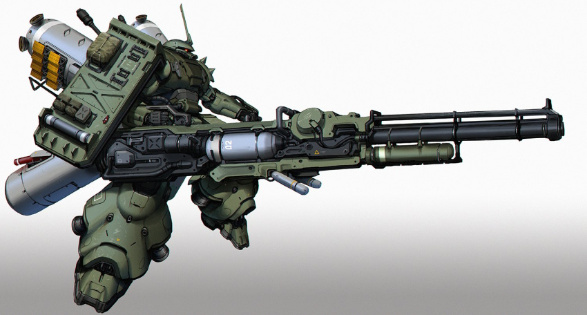 from_side, glowing, glowing_eye, gradient, gradient_background, gun, gundam, gundam_thunderbolt