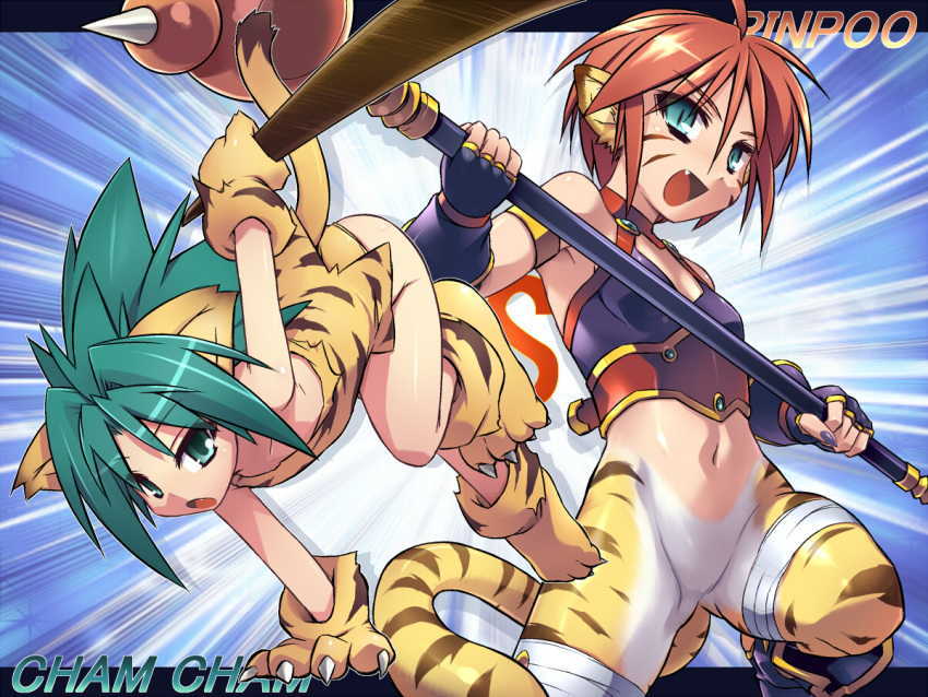 boomerang, breath_of_fire, breath_of_fire_ii, brown_hair, capcom, chamcham, crossover, fang, gloves, green_eyes, green_hair, paws, redrantem, rinpoo_chuan, samurai_spirits, snk, staff, tail, tiger_print