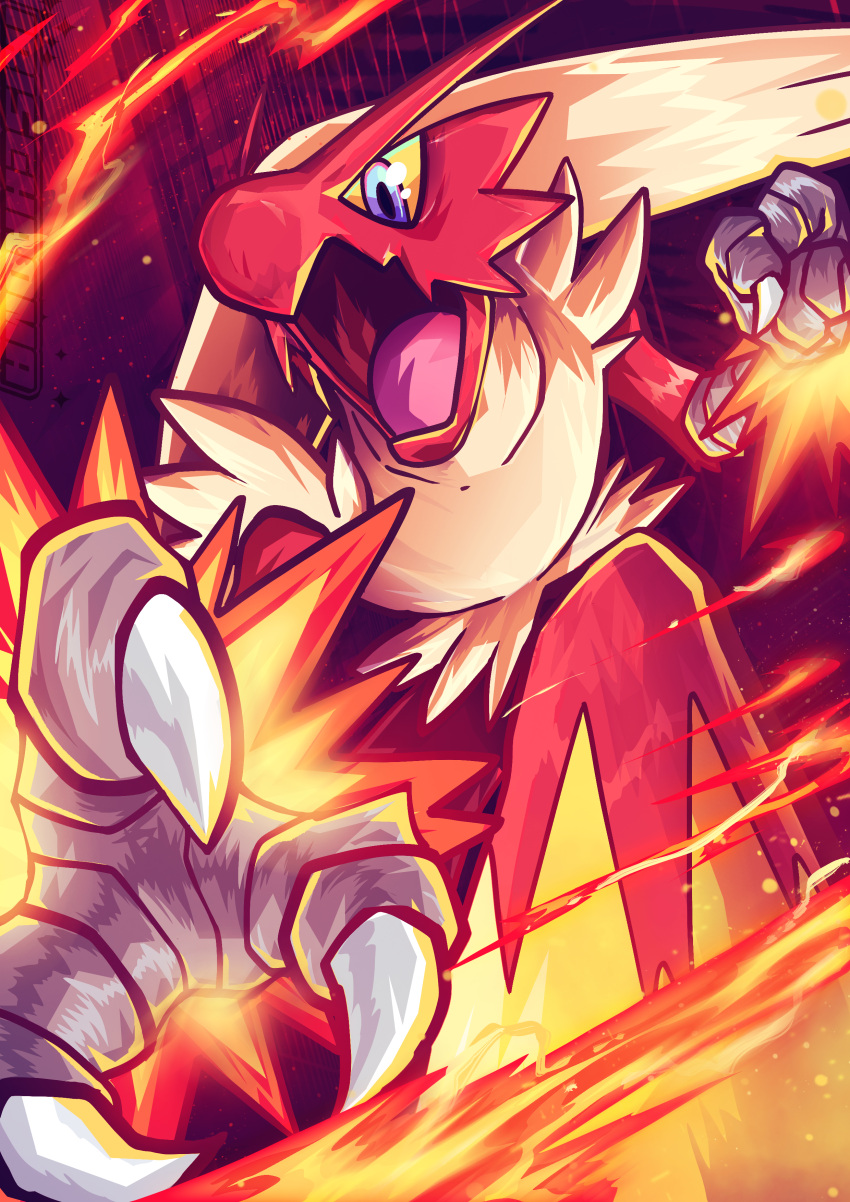 absurdres, blaziken, blue_eyes, claws, colored_sclera, commentary, fire, furry