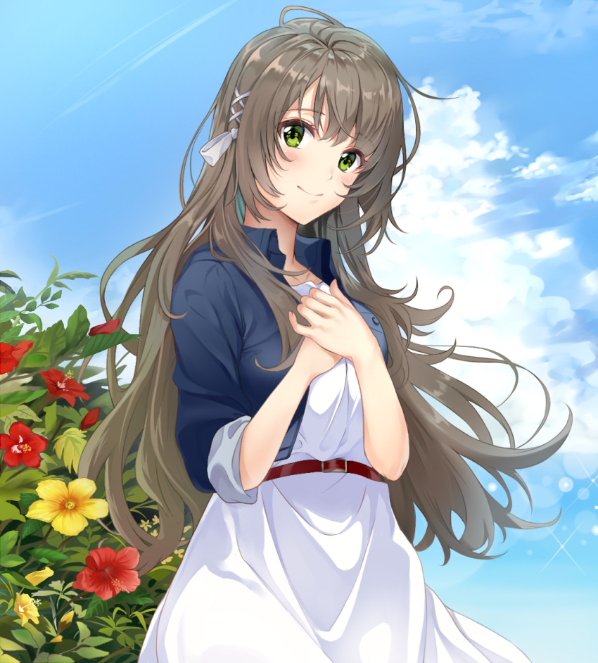 1girl, bangs, belt, brown_hair, clouds, cloudy_sky, commentary, eyebrows_visible_through_hair