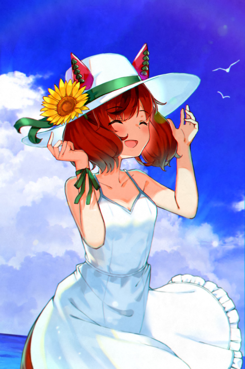 1girl, :d, ^_^, absurdres, animal_ears, bangs, bare_arms, bare_shoulders