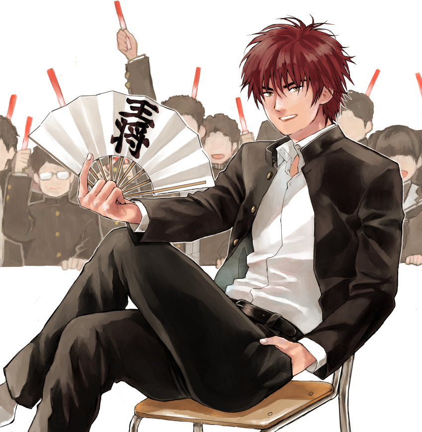 1girl, 6+boys, bangs, black_jacket, black_pants, chair, crossed_legs, crowd
