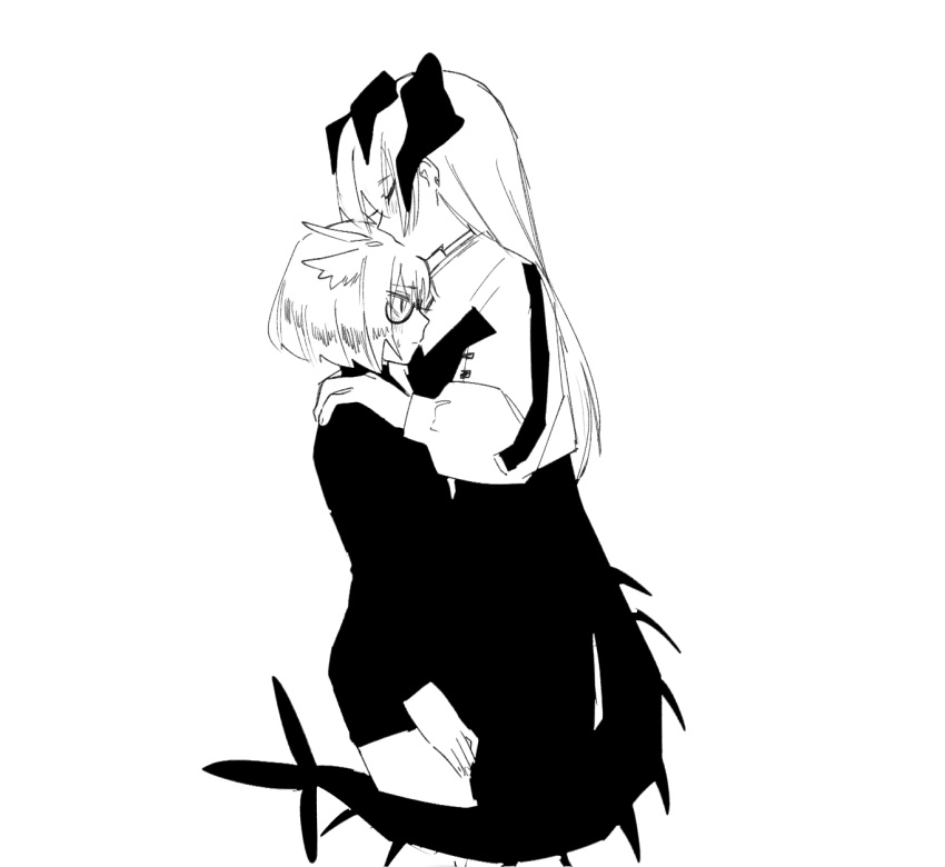 2girls, arknights, blush, closed_eyes, closed_mouth, dragon_horns, dragon_tail, feather_hair