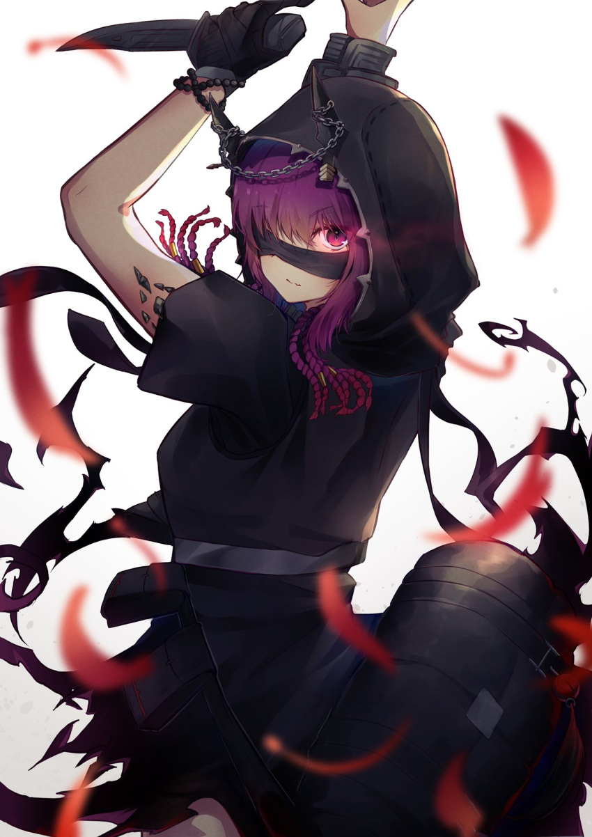 1girl, arknights, black_gloves, black_shirt, black_skirt, blindfold, blindfold_pull, braid
