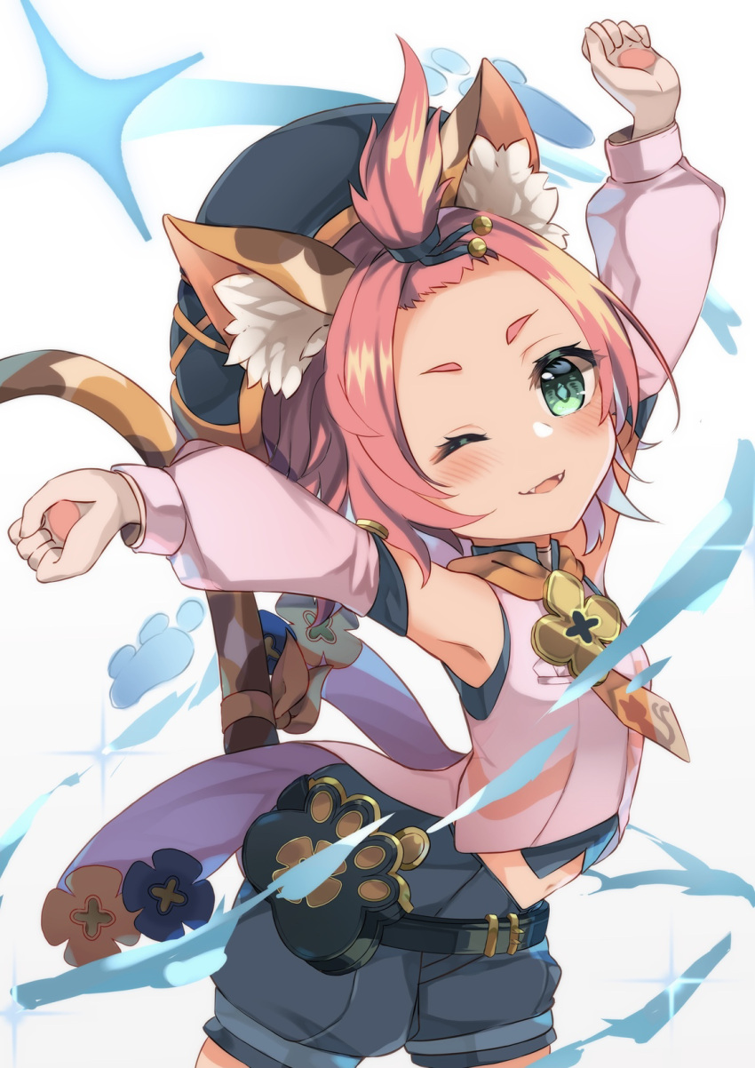 1girl, ;d, armpits, arms_up, belt, black_shorts, choker, commentary_request