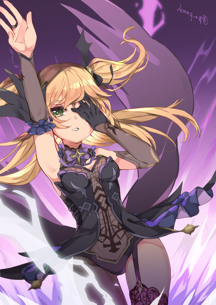 absurdres, arm_up, asymmetrical_legwear, asymmetrical_sleeves, bow, detached_collar, eyepatch, fischl_(genshin_impact), fishnet_fabric, genshin_impact, green_eyes, hair_bow, hair_ornament, hair_ribbon, hand_on_own_face, highres, light_brown_hair, mismatched_legwear, mismatched_sleeves, mukatsukupochi, parted_lips, pose, ribbon, two_side_up