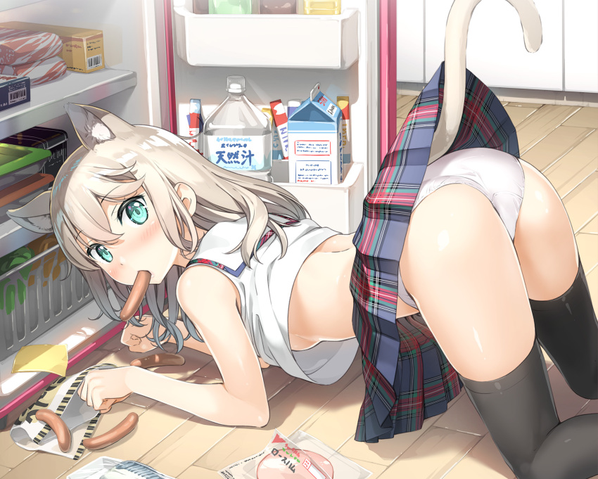 1girl, all_fours, animal_ears, aqua_eyes, ass, bag, bare_shoulders, black_legwear, blush, bottle, breasts, cat_ears, cat_tail, clothes_lift, commentary, crop_top, eating, extra_ears, eyebrows_visible_through_hair, food, from_behind, highres, kantoku, light_brown_hair, long_hair, looking_at_viewer, mouth_hold, original, panties, pleated_skirt, refrigerator, refrigerator_interior, sausage, skirt, skirt_lift, sleeveless, solo, tail, thigh-highs, underwear, uniform, white_panties