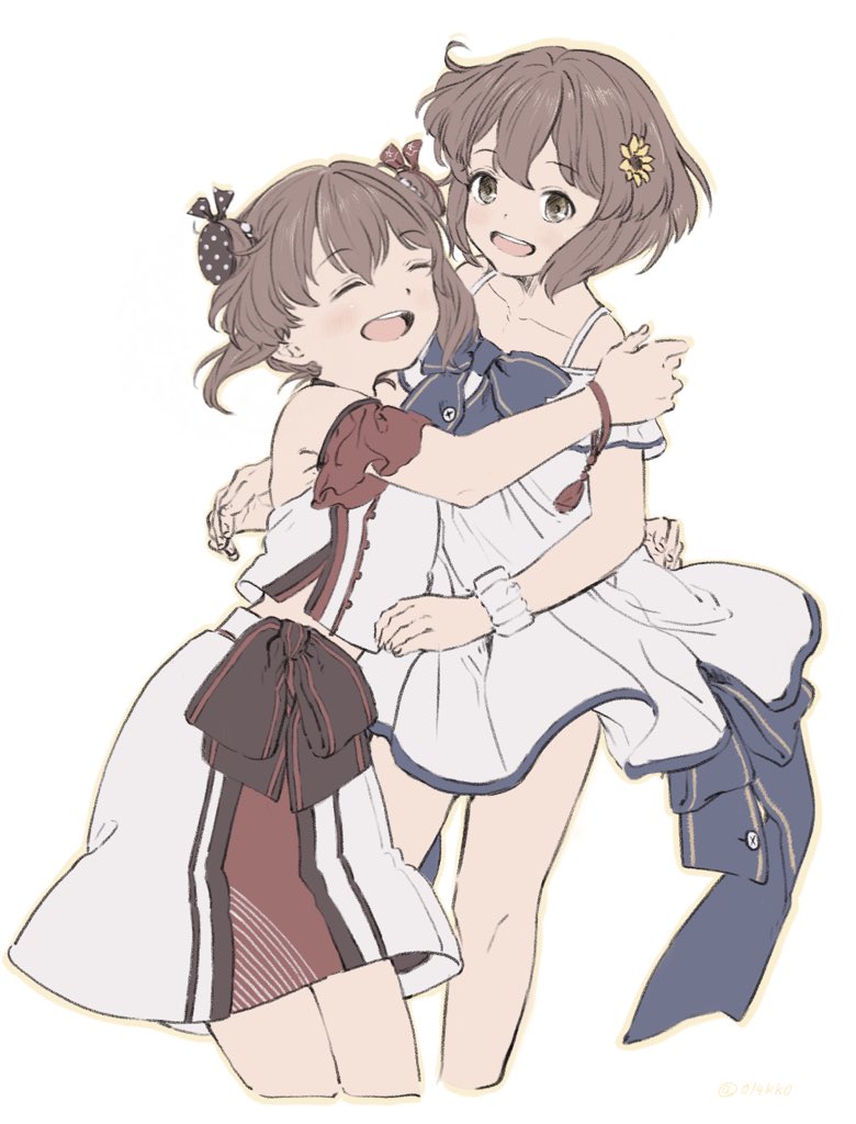 2girls, blue_ribbon, brown_eyes, chinese_clothes, commentary_request, cowboy_shot, double_bun, dress