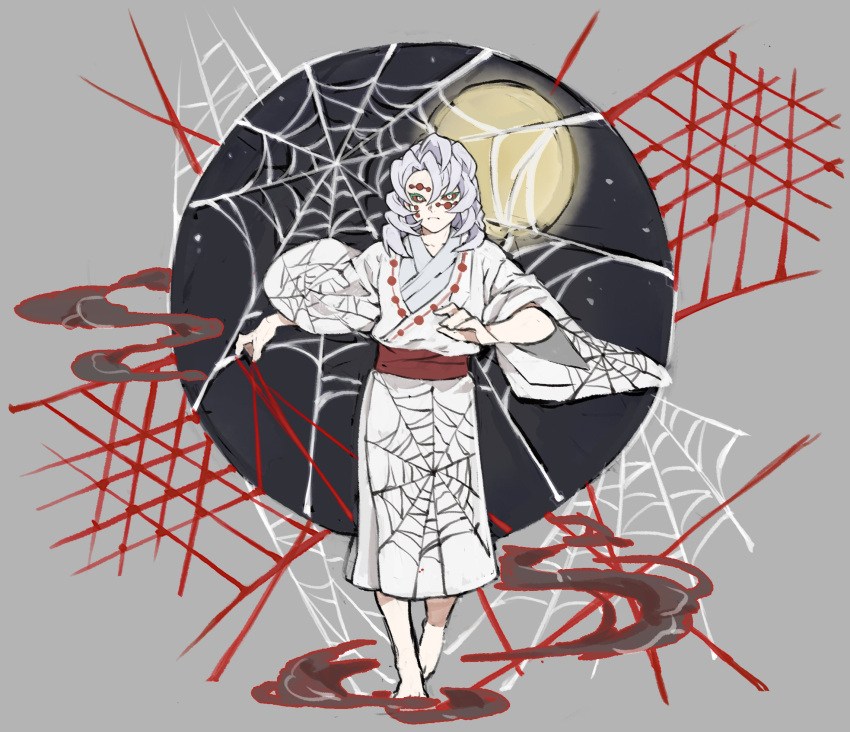 1boy, androgynous, barefoot, colored_sclera, facial_mark, full_moon, grey_hair, hair_between_eyes