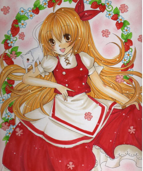 blonde_hair, bow, brown_eyes, cat, curtsey, dress, ellen, food