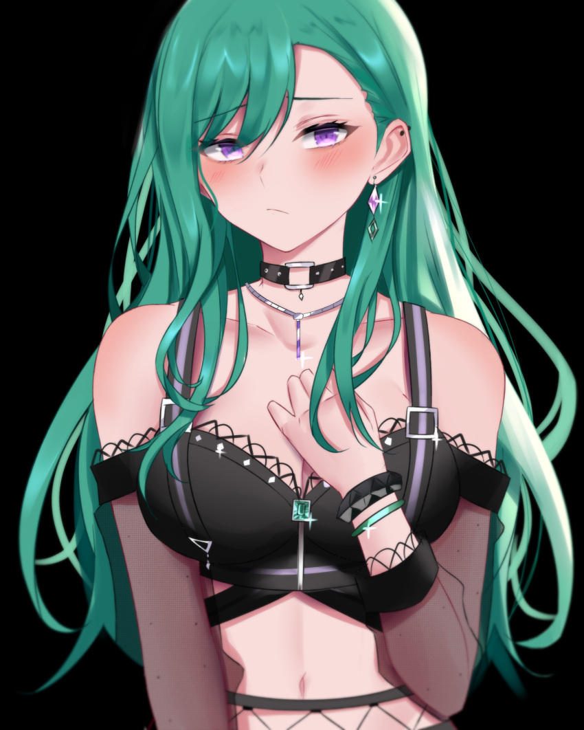 1girl, absurdres, arairev, asymmetrical_bangs, bangs, bare_shoulders, black_background, black_collar