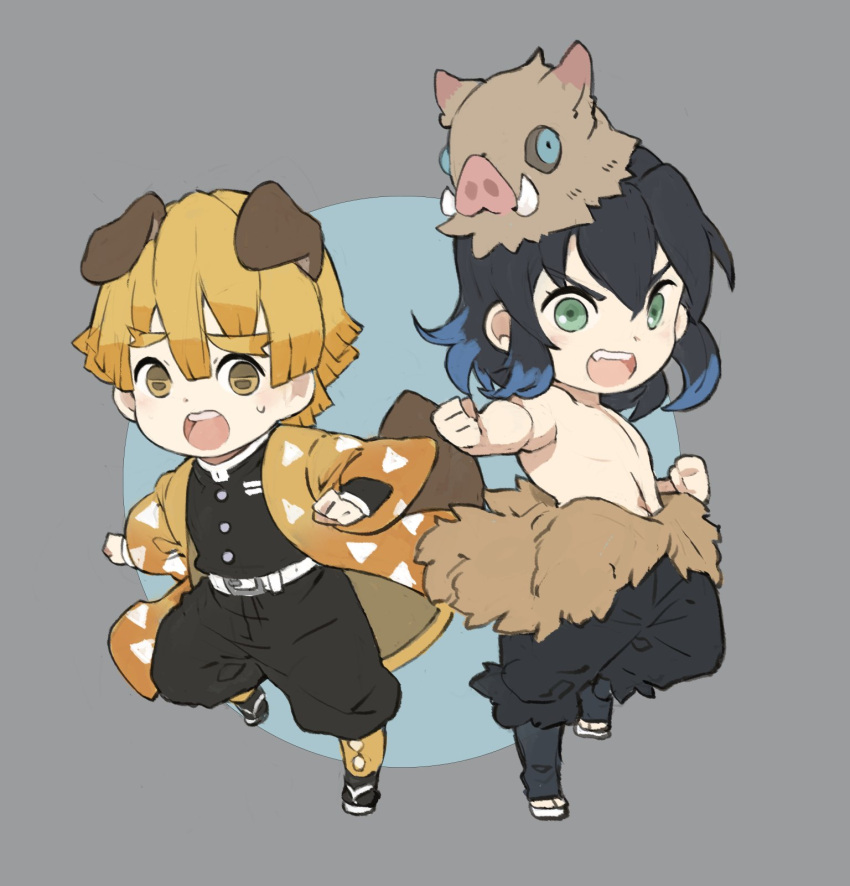 2boys, animal_ears, bangs, belt, black_hair, black_pants, blonde_hair, blue_hair