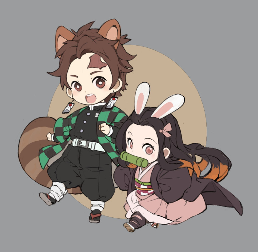 1boy, 1girl, animal_ears, belt, bit_gag, black_hair, black_pants, brother_and_sister
