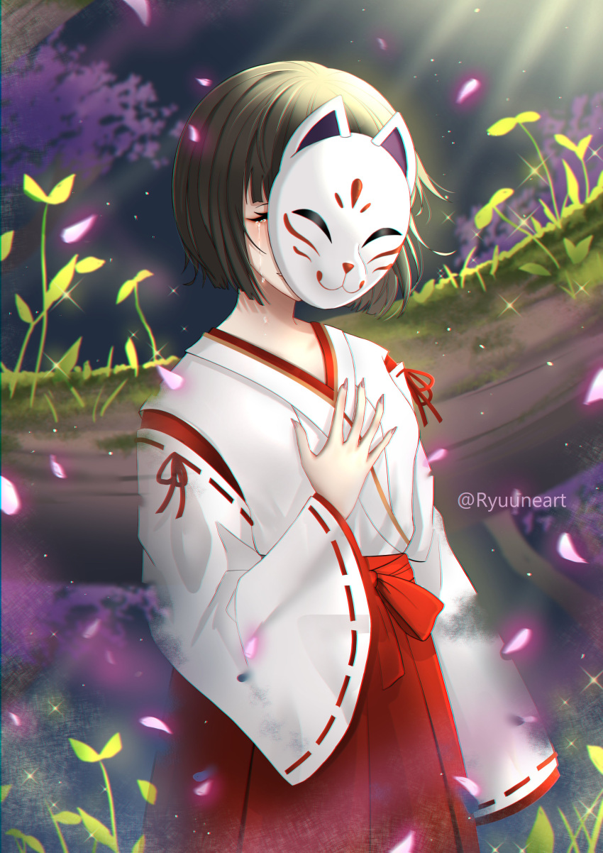 1girl, absurdres, black_hair, breasts, closed_eyes, crying, detached_sleeves, english_commentary