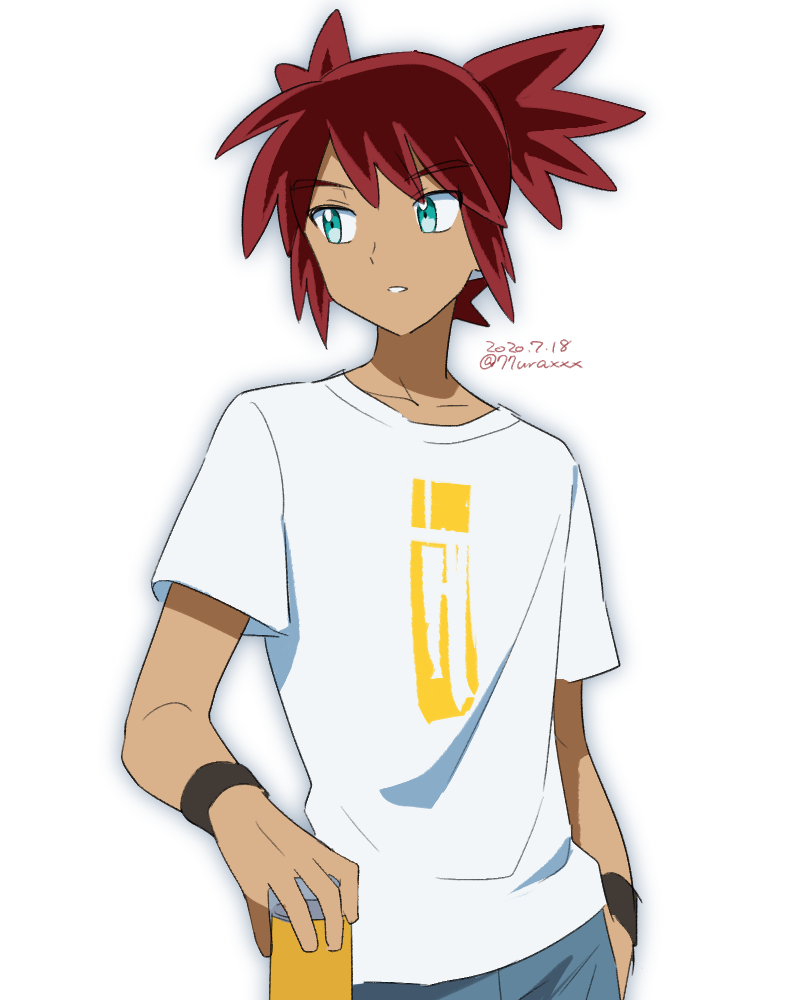 1boy, bangs, collarbone, commentary_request, dated, eyebrows_visible_through_hair, green_eyes, holding, koko_(pokemon), looking_to_the_side, male_focus, nanaura_narina, parted_lips, pokemon, pokemon_(anime), pokemon_m23, redhead, shirt, short_hair, short_sleeves, signature, simple_background, solo, spiky_hair, t-shirt, white_background, white_shirt, wristband