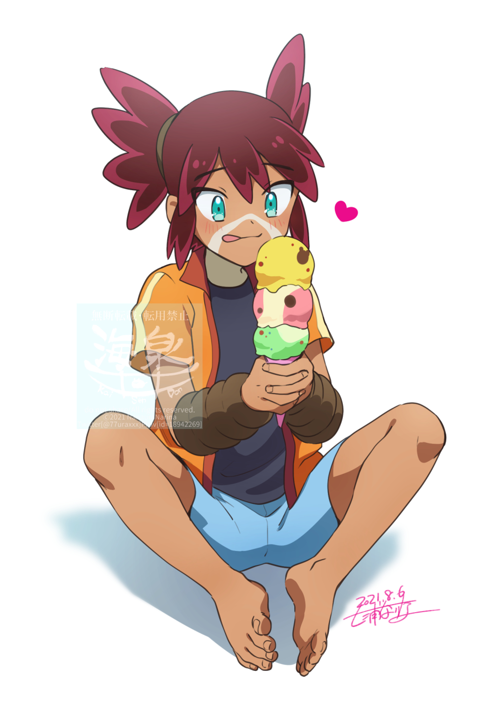1boy, :q, bangs, barefoot, black_shirt, blue_shorts, blush, commentary_request