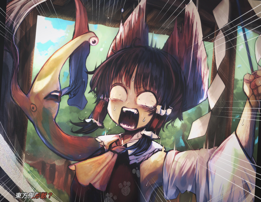 1girl, andanon, ascot, bangs, bloodshot_eyes, bow, brown_hair, commentary_request