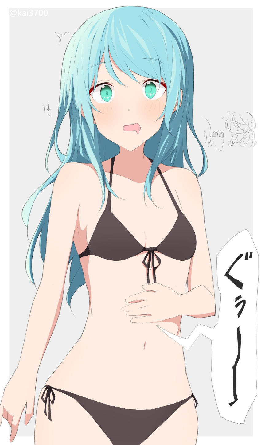 2girls, absurdres, aqua_hair, bang_dream!, bangs, bare_legs, bare_shoulders, bikini