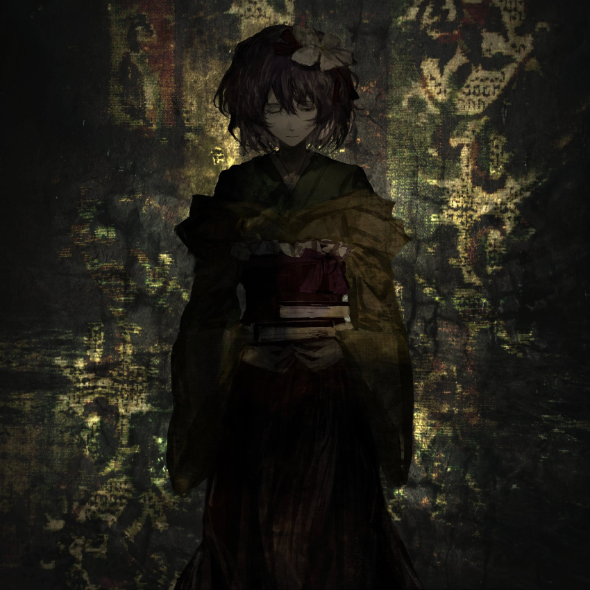 1girl, bangs, black_eyes, book, book_stack, closed_mouth, feet_out_of_frame, flower