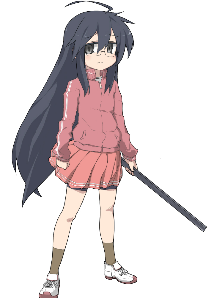 bad_id, bike_shorts, black_eyes, black_hair, bokken, glasses, izumi_konata, jacket