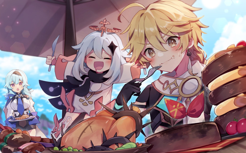 "once_upon_a_time_in_mondstadt"_(genshin_impact), 1boy, 2girls, aether_(genshin_impact), ahoge, blonde_hair, blue_hair, blush, breasts, brown_eyes, butter_knife, chicken_(food), closed_eyes, commentary_request, dinner_of_judgment_(genshin_impact), drooling, ear_piercing, earrings, eating, eula_(genshin_impact), feather_earrings, feathers, food, fork, fruity_skewers_(genshin_impact), genshin_impact, hair_ornament, halo, highres, holding, holding_fork, holding_knife, jewelry, knife, large_breasts, long_hair, multiple_girls, necktie, open_mouth, outdoors, outrider's_champion_steak!_(genshin_impact), paimon_(genshin_impact), piercing, shirase_(shirose), steak, stormcrest_pie_(genshin_impact), sweatdrop, thigh-highs, violet_eyes, white_hair