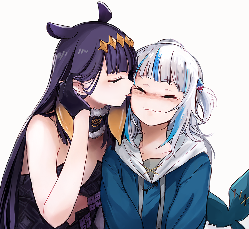 2girls, bangs, black_gloves, blue_hoodie, blush, closed_eyes, collarbone, commentary, diamond_hairband, fish_tail, fur-trimmed_choker, gawr_gura, gloves, hair_ornament, hololive, hololive_english, hood, hoodie, licking, licking_cheek, licking_face, light_blue_hair, long_hair, mole, mole_under_eye, multicolored_hair, multiple_girls, ninomae_ina'nis, pointy_ears, purple_hair, shark_hair_ornament, shark_tail, smile, tail, tentacle_hair, upper_body, virtual_youtuber, white_background, white_hair, yuri, yuuyu_(777)