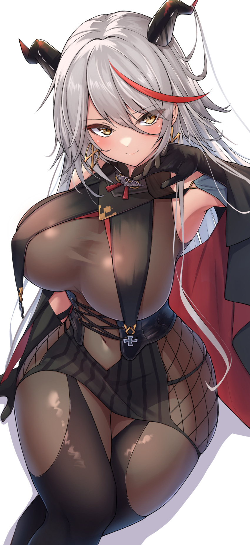 1girl, absurdres, aegir_(azur_lane), azur_lane, bare_shoulders, black_gloves, blush, bodysuit, breasts, closed_mouth, covered_navel, crossed_legs, earrings, elbow_gloves, eyebrows_visible_through_hair, gloves, grey_hair, hair_between_eyes, highres, horns, jewelry, large_breasts, long_hair, looking_at_viewer, multicolored_hair, oserotto, red_eyes, simple_background, smile, solo, streaked_hair, thighs, white_background, yellow_eyes
