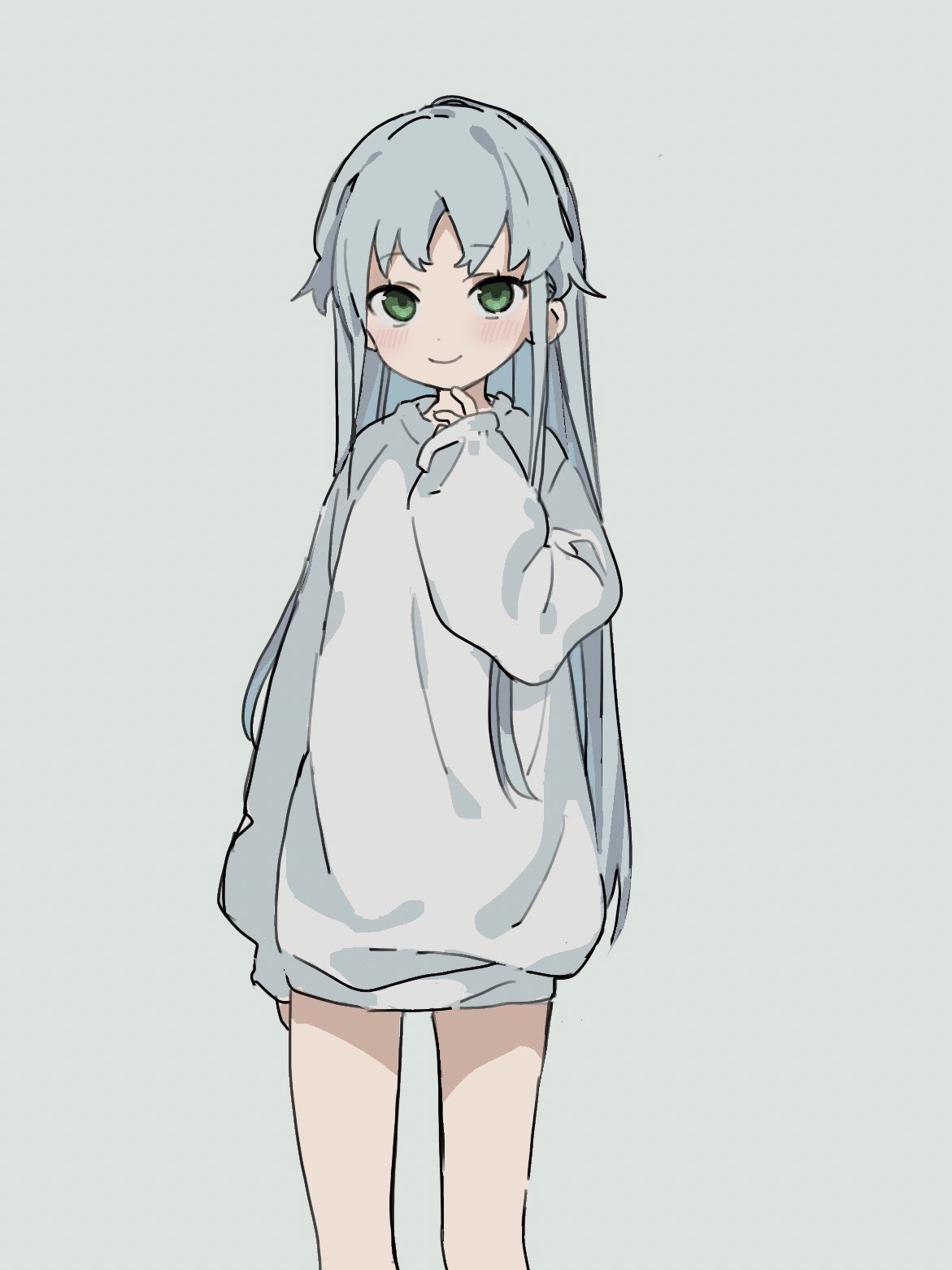 1girl, blue_hair, blush, green_eyes, grey_background, hand_to_own_mouth, highres, if959u