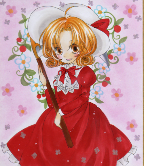 brown_eyes, curly_hair, elly, flower, hat, hat_ribbon, long_sleeves, marker_(medium)