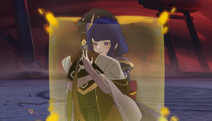 1boy, 1girl, bangs, braid, bridal_gauntlets, broken, broken_weapon, brown_hair