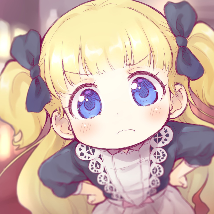1girl, bangs, blonde_hair, blue_eyes, blurry, blurry_background, closed_mouth, dress