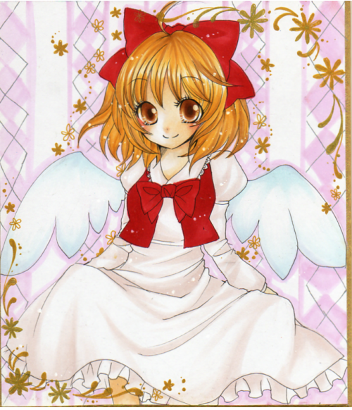 brown_eyes, curtsey, dress, gengetsu, hair_ribbon, marker_(medium), mizame, orange_hair