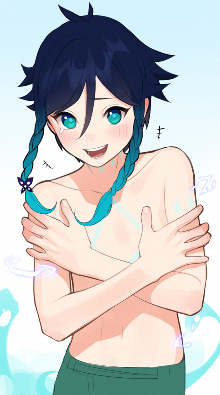 +++, 1boy, abbystea, androgynous, arm_tattoo, bangs, black_hair, blue_hair