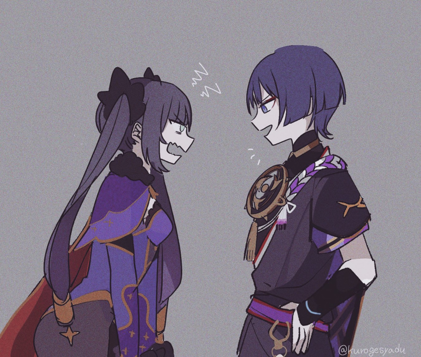 1boy, 1girl, armor, belt, black_hair, bow, breasts, cape