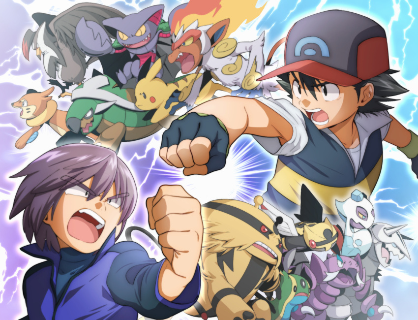 2boys, aggron, ash_ketchum, bangs, baseball_cap, black_eyes, black_hair, buizel