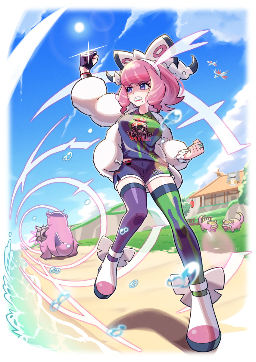 1girl, arm_up, asymmetrical_legwear, bangs, bracelet, breasts, building, clenched_hands, clenched_teeth, clouds, collared_shirt, commentary_request, day, dynamax_band, eire_(sai_fuji), eyelashes, eyeshadow, fur_jacket, galarian_form, galarian_slowbro, galarian_slowpoke, gen_2_pokemon, gen_8_pokemon, gloves, grass, highres, jacket, jewelry, klara_(pokemon), knees, lens_flare, makeup, mismatched_legwear, mole, mole_under_mouth, number, outdoors, partially_fingerless_gloves, pink_eyeshadow, pink_hair, pink_lips, pokemon, pokemon_(creature), pokemon_(game), pokemon_swsh, ring, sand, shirt, shoes, shore, shorts, single_glove, skarmory, sky, standing, sun, teeth, thigh-highs, violet_eyes, water, water_drop, white_jacket