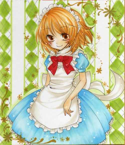 blonde_hair, brown_eyes, dress, frills, hairband, maid, marker_(medium), mizame