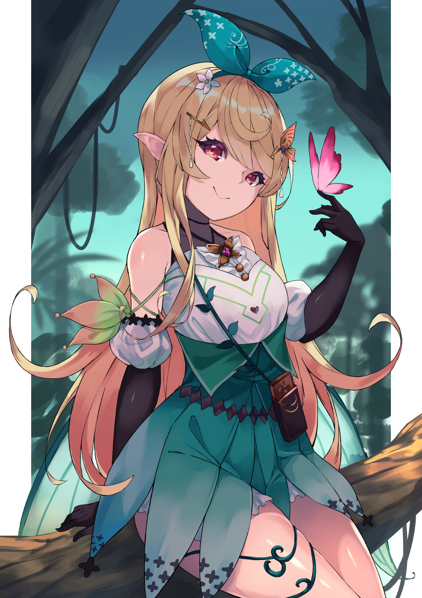 black_gloves, blonde_hair, branch, brown_eyes, bug, butterfly, butterfly_hair_ornament, elbow_gloves
