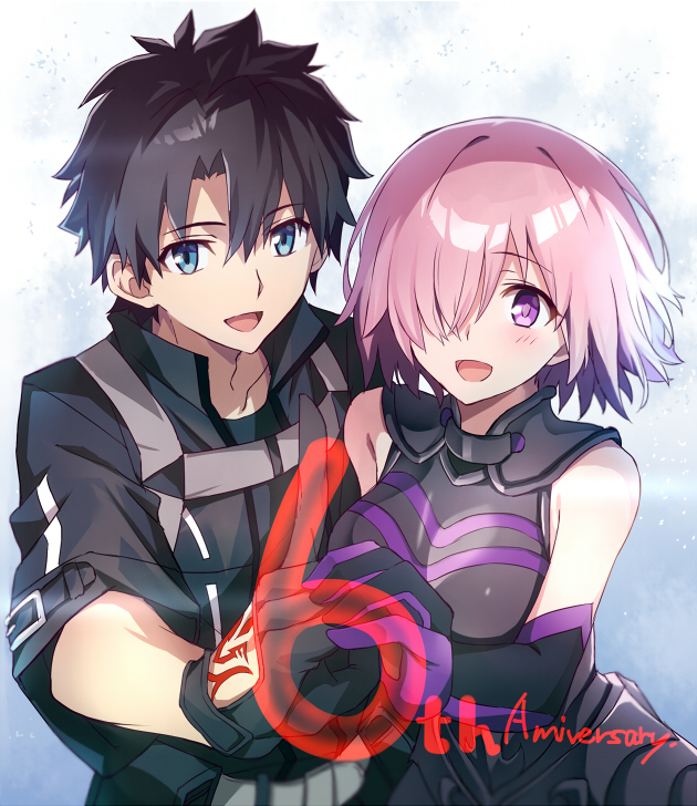 1boy, 1girl, :d, anniversary, black_hair, blue_eyes, eyebrows_visible_through_hair, fate/grand_order, fate_(series), fujimaru_ritsuka_(male), gloves, hair_over_one_eye, holding_hands, long_hair, looking_at_viewer, mash_kyrielight, number, open_mouth, pink_hair, short_hair, smile, tsuezu, violet_eyes